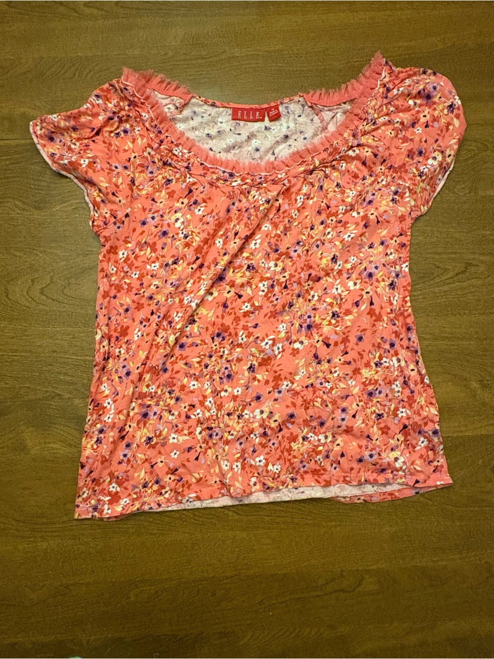 ELLE Coral Pink Floral Scoop-Neck Blouse